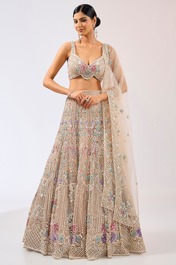 Soft Pink Tulle Net Hand Embroidered Bridal Lehenga Set by OPUS ATELIER at Pernia's Pop Up Shop