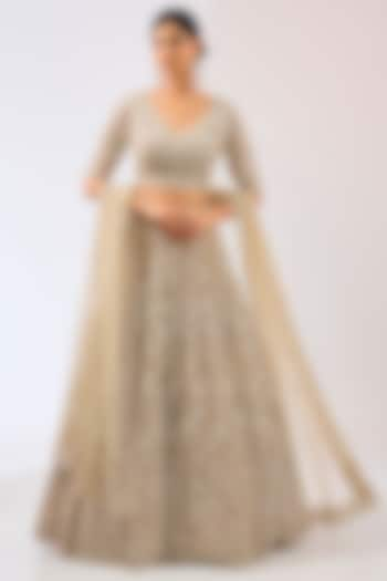 Light Beige Tulle Net Hand Embroidered Bridal Lehenga Set by OPUS ATELIER at Pernia's Pop Up Shop