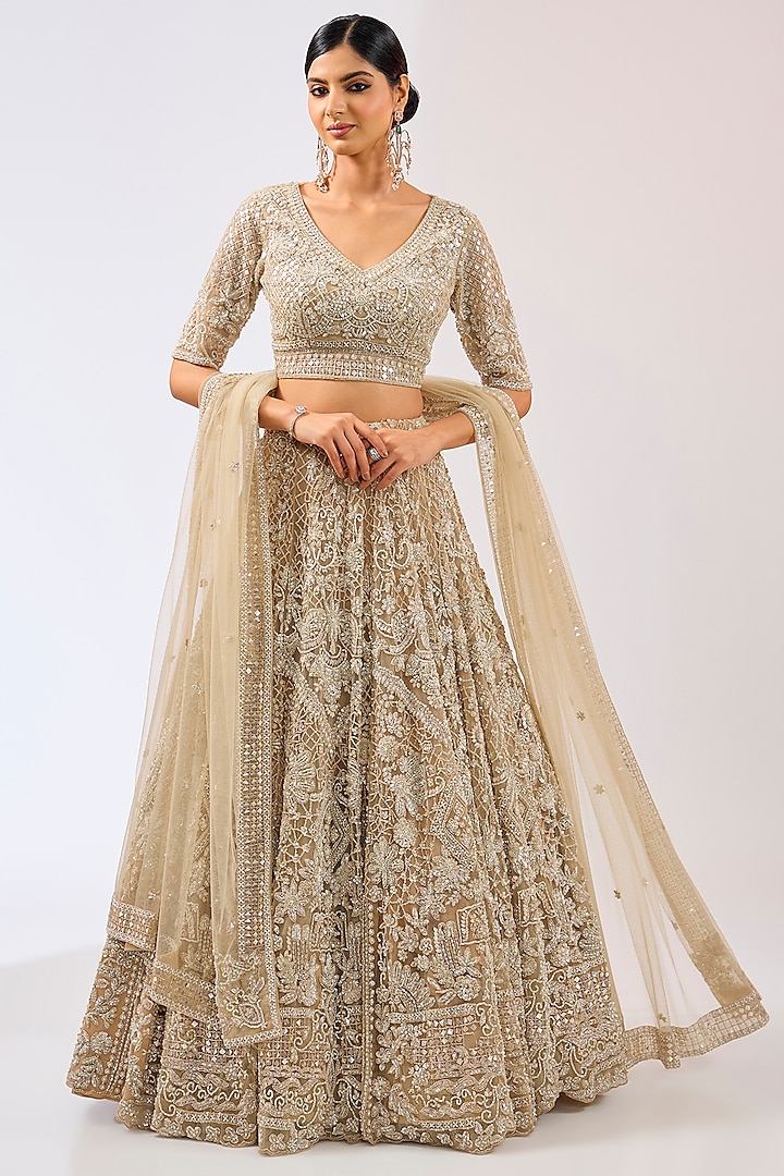 Light Beige Tulle Net Hand Embroidered Bridal Lehenga Set by OPUS ATELIER at Pernia's Pop Up Shop