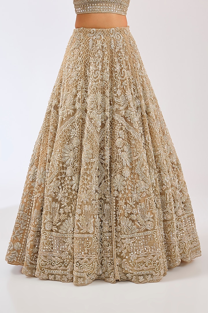 Light Beige Tulle Net Hand Embroidered Bridal Lehenga Set by OPUS ATELIER at Pernia's Pop Up Shop