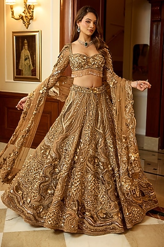 Gold Tulle Net & Satin Hand Embroidered Lehenga Set by OPUS ATELIER