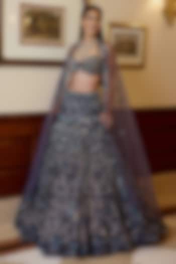 Midnight Blue Tulle Net & Satin Hand Embroidered Bridal Lehenga Set by OPUS ATELIER at Pernia's Pop Up Shop