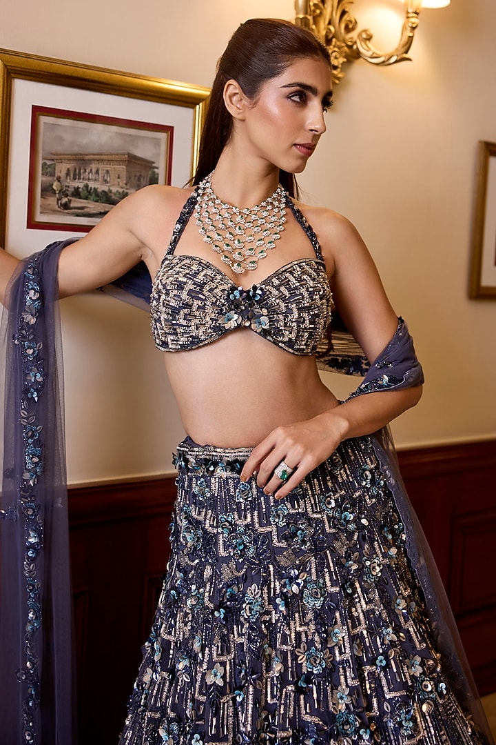 Midnight Blue Tulle Net & Satin Hand Embroidered Bridal Lehenga Set by OPUS ATELIER at Pernia's Pop Up Shop