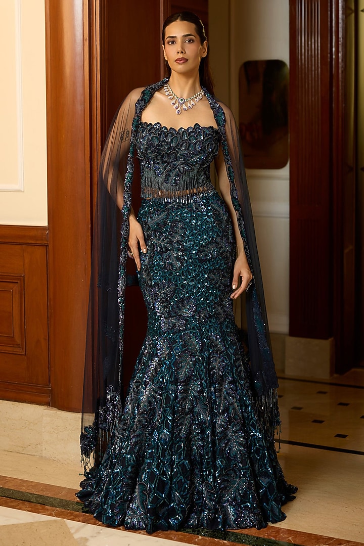 Peacock Blue Tulle Net & Satin Hand Embroidered Bridal Lehenga Set by OPUS ATELIER at Pernia's Pop Up Shop