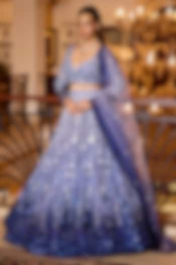 Cobalt Blue Tulle Net Hand Embroidered Bridal Lehenga Set by OPUS ATELIER at Pernia's Pop Up Shop