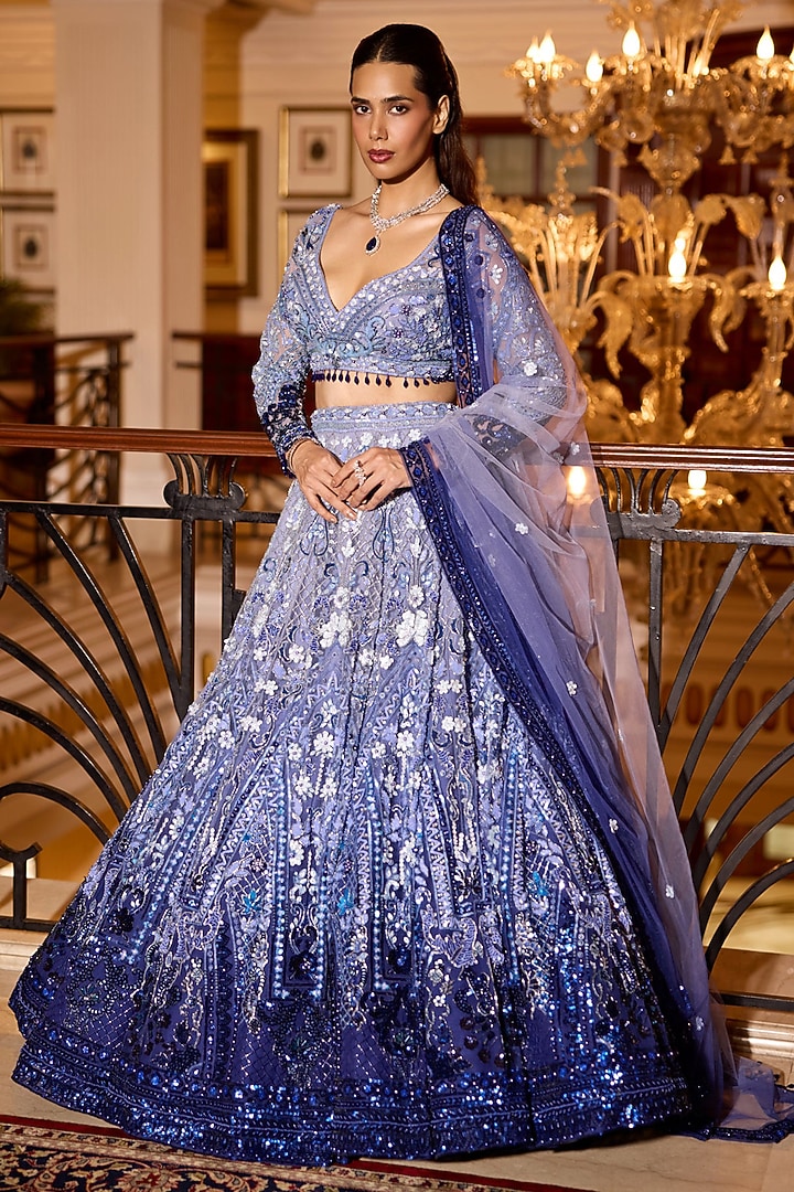 Cobalt Blue Tulle Net Hand Embroidered Bridal Lehenga Set by OPUS ATELIER at Pernia's Pop Up Shop