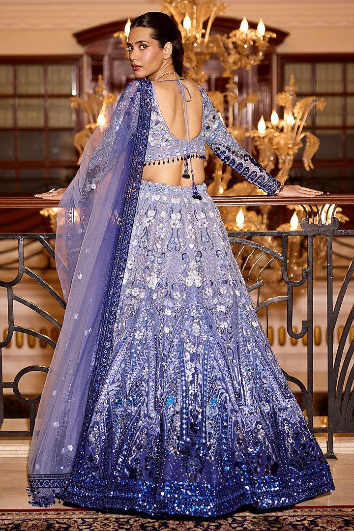 Cobalt Blue Tulle Net Hand Embroidered Bridal Lehenga Set by OPUS ATELIER at Pernia's Pop Up Shop