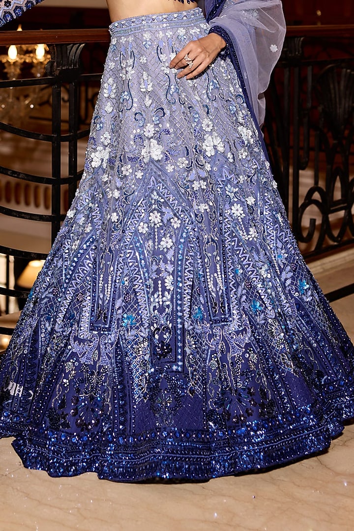 Cobalt Blue Tulle Net Hand Embroidered Bridal Lehenga Set by OPUS ATELIER at Pernia's Pop Up Shop
