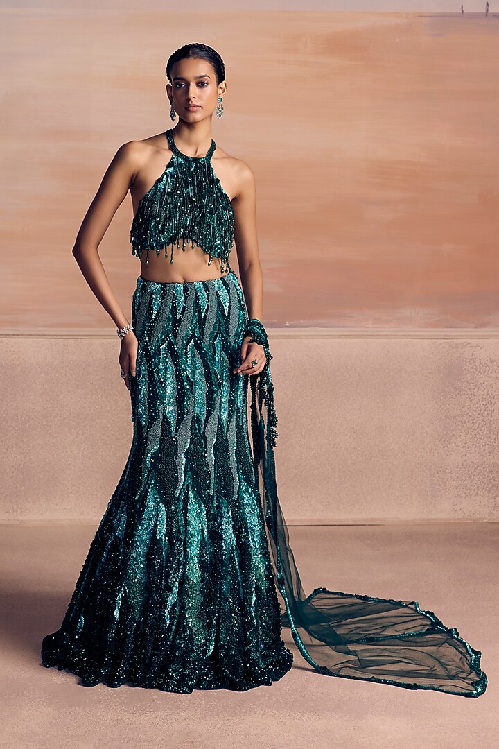 Green Net Sequin Embellished Fish-Cut Bridal Bridal Lehenga Set by OPUS ATELIER at Pernia's Pop Up Shop