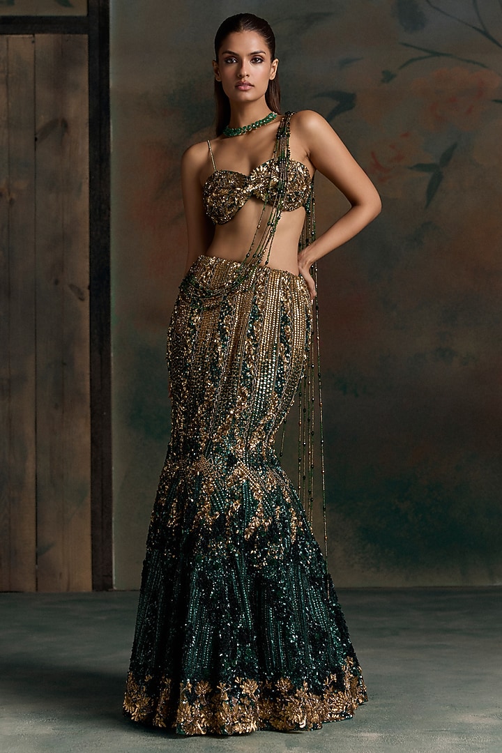 Green & Gold Net Sequin Embellished Fish-Cut Bridal Bridal Lehenga Set by OPUS ATELIER at Pernia's Pop Up Shop