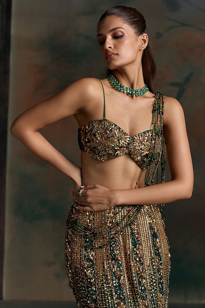 Green & Gold Net Sequin Embellished Fish-Cut Bridal Bridal Lehenga Set by OPUS ATELIER at Pernia's Pop Up Shop
