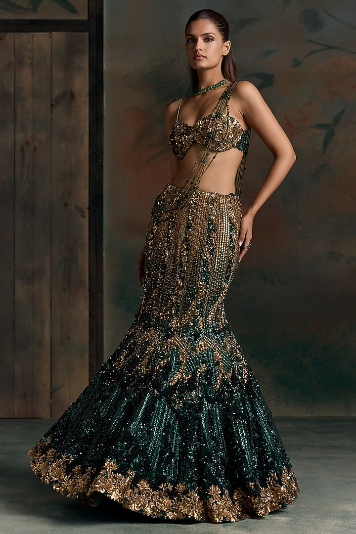 Green & Gold Net Sequin Embellished Fish-Cut Bridal Bridal Lehenga Set by OPUS ATELIER at Pernia's Pop Up Shop