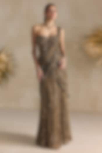 Golden Net Sequins Hand Embroidered Pre-Draped Reception Saree Set by OPUS ATELIER at Pernia's Pop Up Shop