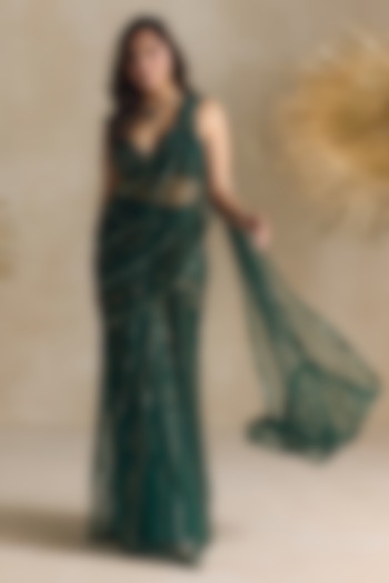 Emerald Green Net Sequins Embroidered Pre-Draped Reception Saree Set by OPUS ATELIER at Pernia's Pop Up Shop