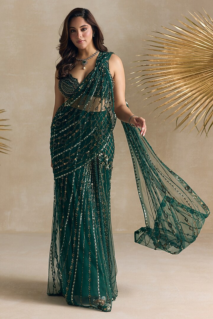 Emerald Green Net Sequins Embroidered Pre-Draped Reception Saree Set by OPUS ATELIER at Pernia's Pop Up Shop