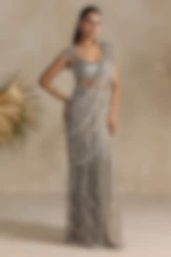 Silver Net Sequins Hand Embroidered Pre-Draped Reception Saree Set by OPUS ATELIER at Pernia's Pop Up Shop