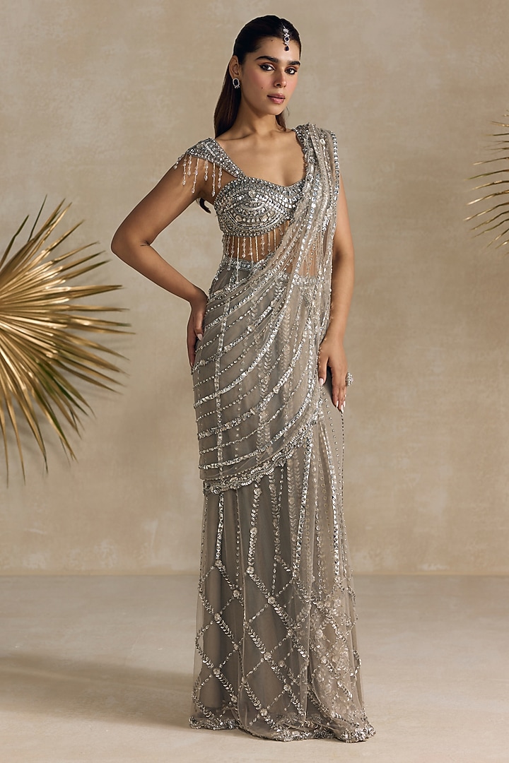 Silver Net Sequins Hand Embroidered Pre-Draped Reception Saree Set by OPUS ATELIER at Pernia's Pop Up Shop
