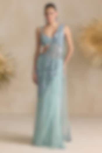 Powder Blue Net Floral Motif Embroidered Pre-Draped Reception Saree Set by OPUS ATELIER at Pernia's Pop Up Shop