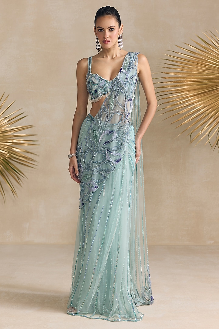 Powder Blue Net Floral Motif Embroidered Pre-Draped Reception Saree Set by OPUS ATELIER at Pernia's Pop Up Shop