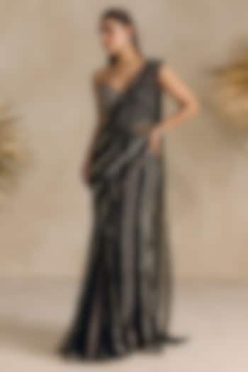 Black Net Sequins Embellished Pre-Draped Reception Saree Set by OPUS ATELIER at Pernia's Pop Up Shop