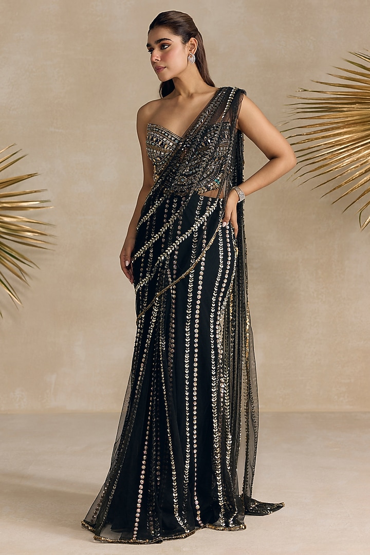 Black Net Sequins Embellished Pre-Draped Reception Saree Set by OPUS ATELIER at Pernia's Pop Up Shop