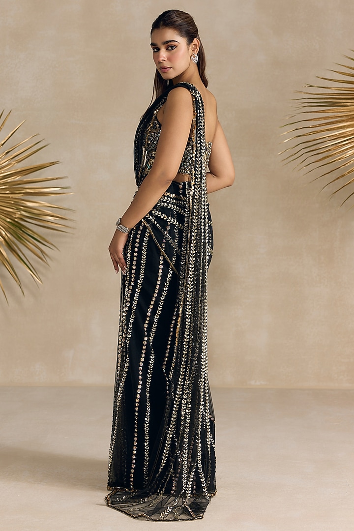 Black Net Sequins Embellished Pre-Draped Reception Saree Set by OPUS ATELIER at Pernia's Pop Up Shop