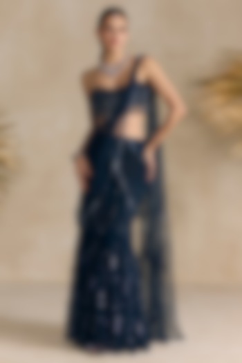 Navy Blue Net Tassels Embellished Pre-Draped Wedding Saree Set by OPUS ATELIER at Pernia's Pop Up Shop