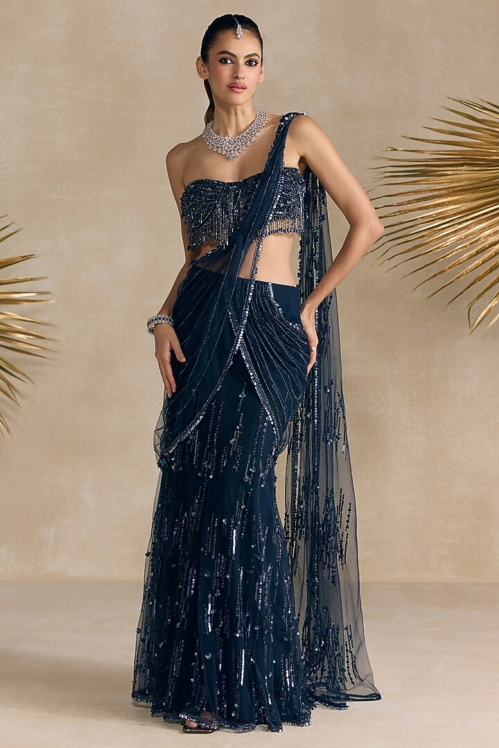 Navy Blue Net Tassels Embellished Pre-Draped Wedding Saree Set by OPUS ATELIER at Pernia's Pop Up Shop