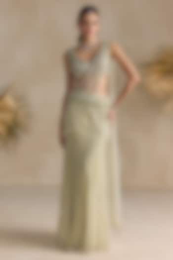 Mint Green & Ivory Net Crystal Embroidered Pre-Draped Reception Saree Set by OPUS ATELIER at Pernia's Pop Up Shop