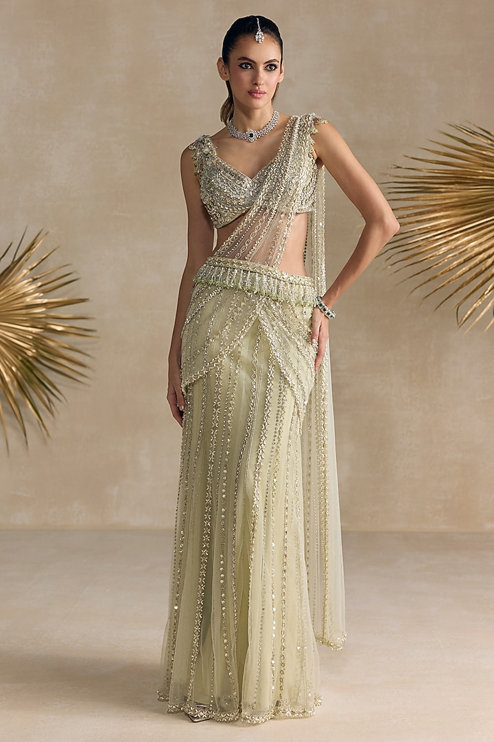 Mint Green & Ivory Net Crystal Embroidered Pre-Draped Reception Saree Set by OPUS ATELIER at Pernia's Pop Up Shop