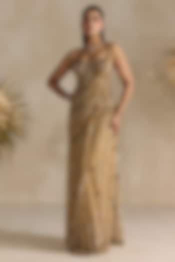 Golden Net Crystal Hand Embroidered Pre-Draped Reception Saree Set by OPUS ATELIER at Pernia's Pop Up Shop