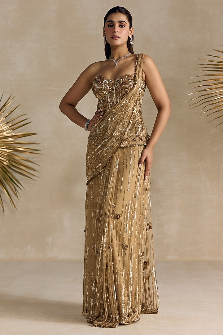 Golden Net Crystal Hand Embroidered Pre-Draped Reception Saree Set by OPUS ATELIER at Pernia's Pop Up Shop
