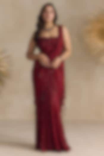 Red Net Beads Hand Embroidered Pre-Draped Reception Saree Set by OPUS ATELIER at Pernia's Pop Up Shop