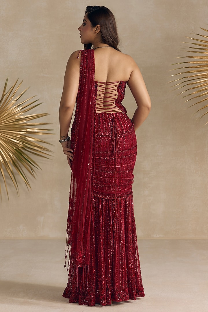 Red Net Beads Hand Embroidered Pre-Draped Reception Saree Set by OPUS ATELIER at Pernia's Pop Up Shop