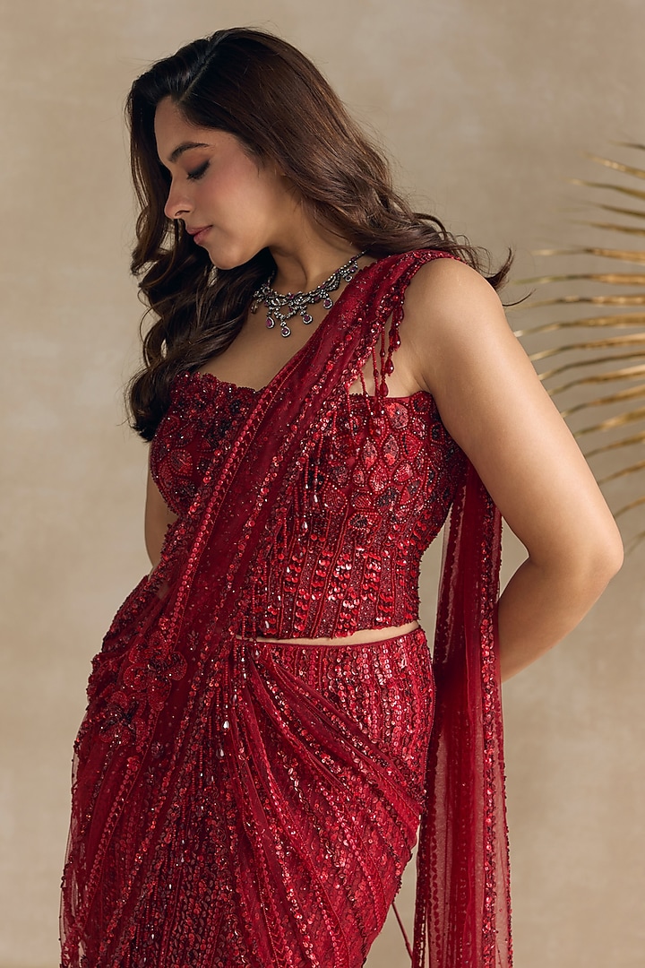 Red Net Beads Hand Embroidered Pre-Draped Reception Saree Set by OPUS ATELIER at Pernia's Pop Up Shop