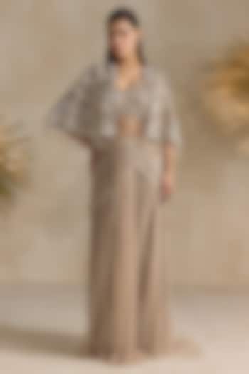 Golden Net Crystal Embellished Pre-Draped Cape Reception Saree Set by OPUS ATELIER at Pernia's Pop Up Shop
