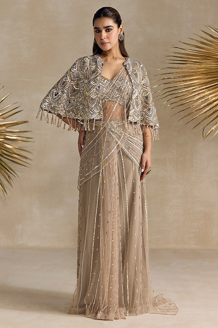 Golden Net Crystal Embellished Pre-Draped Cape Reception Saree Set by OPUS ATELIER at Pernia's Pop Up Shop