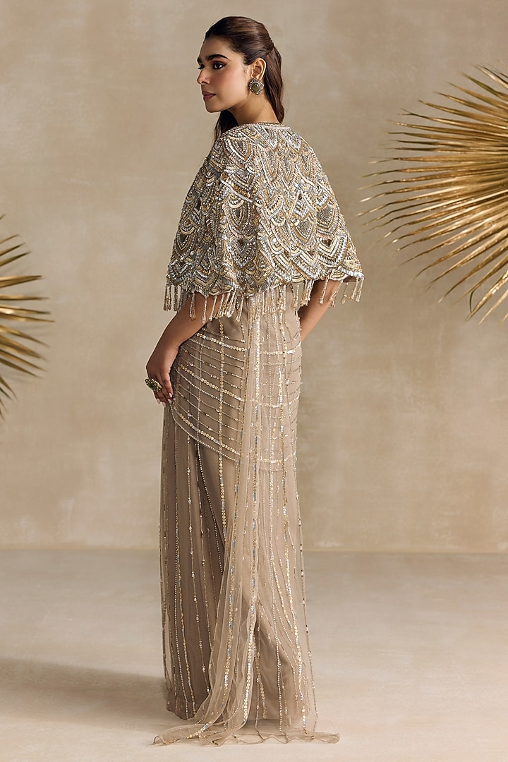 Golden Net Crystal Embellished Pre-Draped Cape Reception Saree Set by OPUS ATELIER at Pernia's Pop Up Shop
