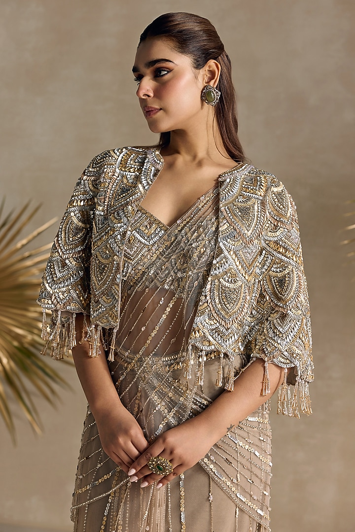 Golden Net Crystal Embellished Pre-Draped Cape Reception Saree Set by OPUS ATELIER at Pernia's Pop Up Shop