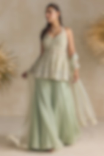Light Jade Georgette Pearl Embroidered Wedding Sharara Set by OPUS ATELIER at Pernia's Pop Up Shop