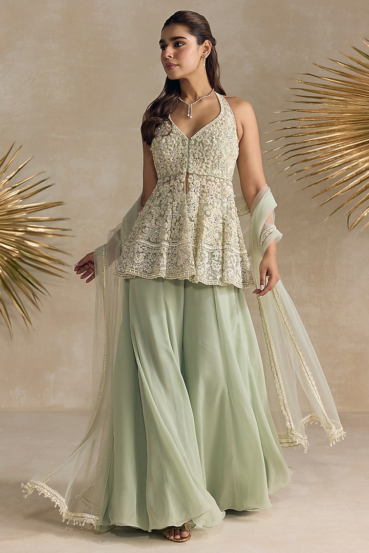 Light Jade Georgette Pearl Embroidered Wedding Sharara Set by OPUS ATELIER at Pernia's Pop Up Shop