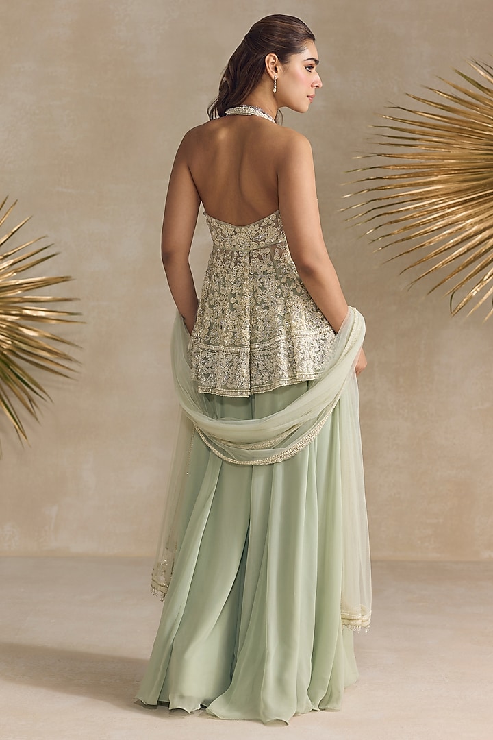 Light Jade Georgette Pearl Embroidered Wedding Sharara Set by OPUS ATELIER at Pernia's Pop Up Shop