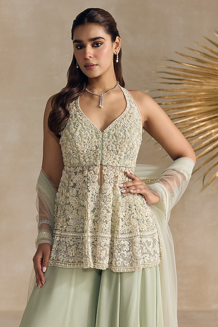 Light Jade Georgette Pearl Embroidered Wedding Sharara Set by OPUS ATELIER at Pernia's Pop Up Shop