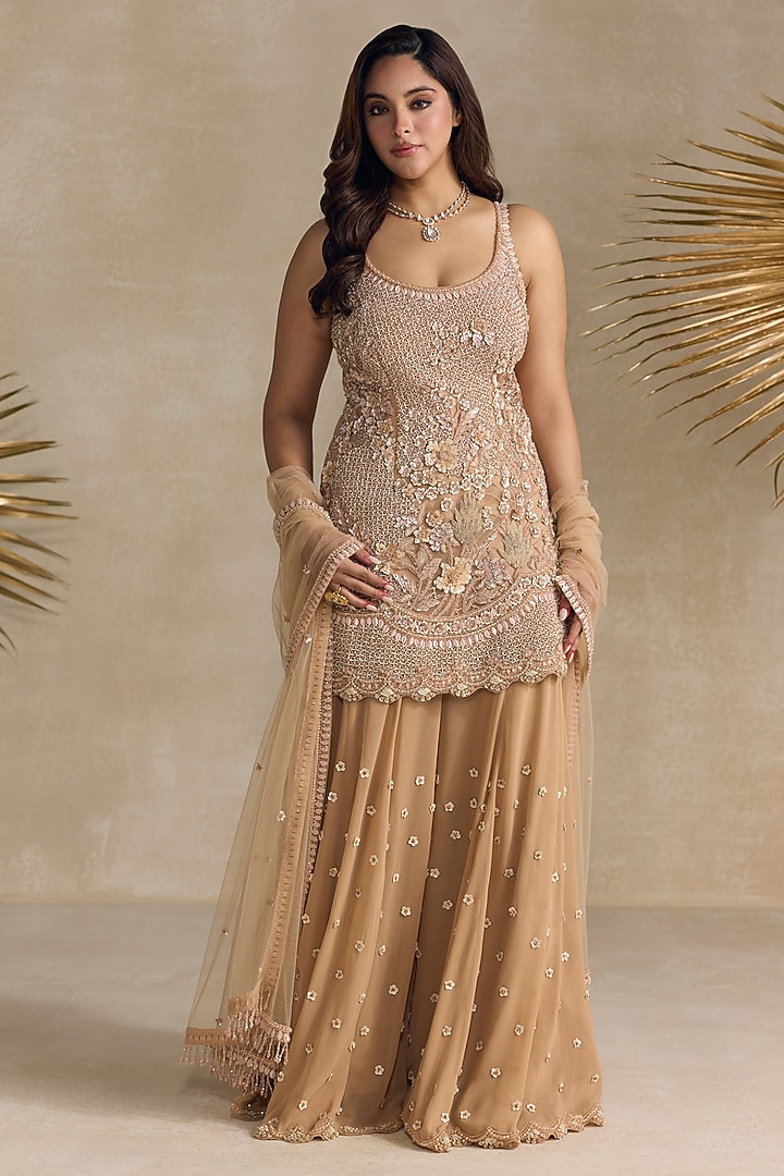 Peach Georgette Sequins Hand Embroidered Bridal Sharara Set by OPUS ATELIER at Pernia's Pop Up Shop