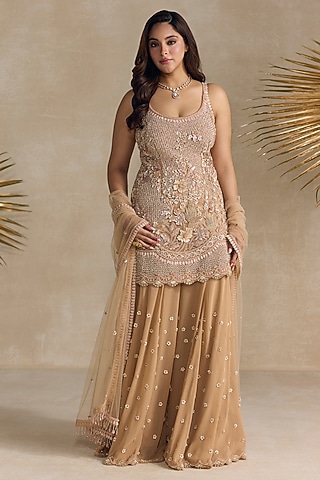 Peach Georgette Sequins Hand Embroidered Sharara Set by OPUS ATELIER