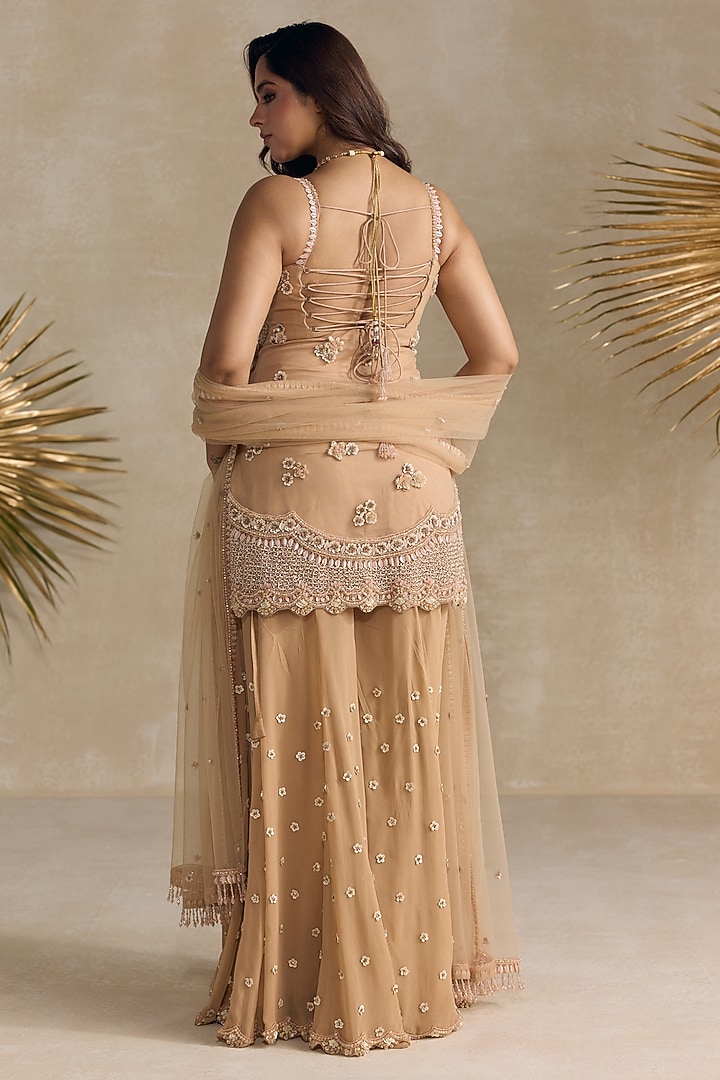 Peach Georgette Sequins Hand Embroidered Bridal Sharara Set by OPUS ATELIER at Pernia's Pop Up Shop