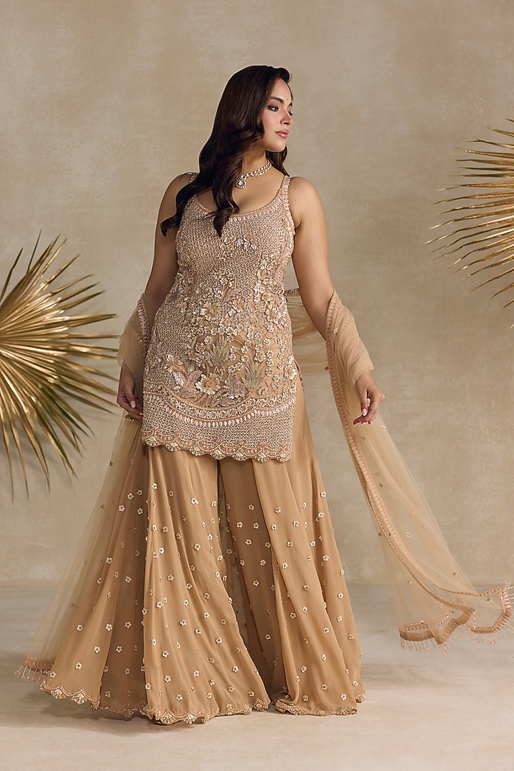 Peach Georgette Sequins Hand Embroidered Bridal Sharara Set by OPUS ATELIER at Pernia's Pop Up Shop