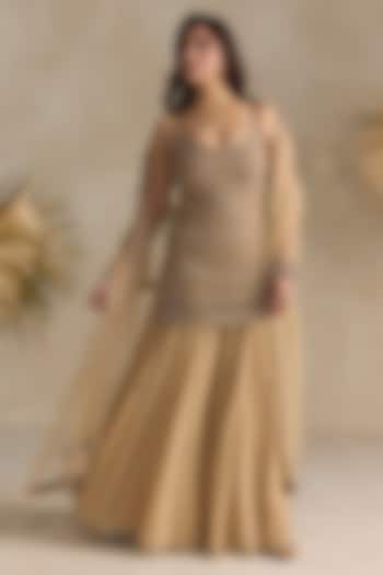 Golden Georgette Crystal Hand Embroidered Bridal Sharara Set by OPUS ATELIER at Pernia's Pop Up Shop