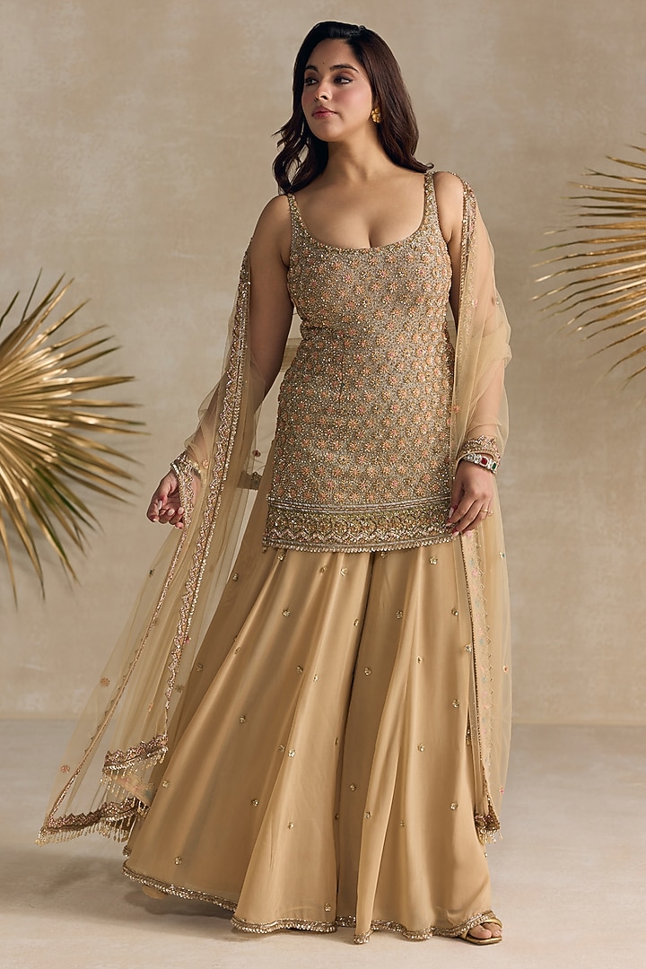 Golden Georgette Crystal Hand Embroidered Bridal Sharara Set by OPUS ATELIER at Pernia's Pop Up Shop