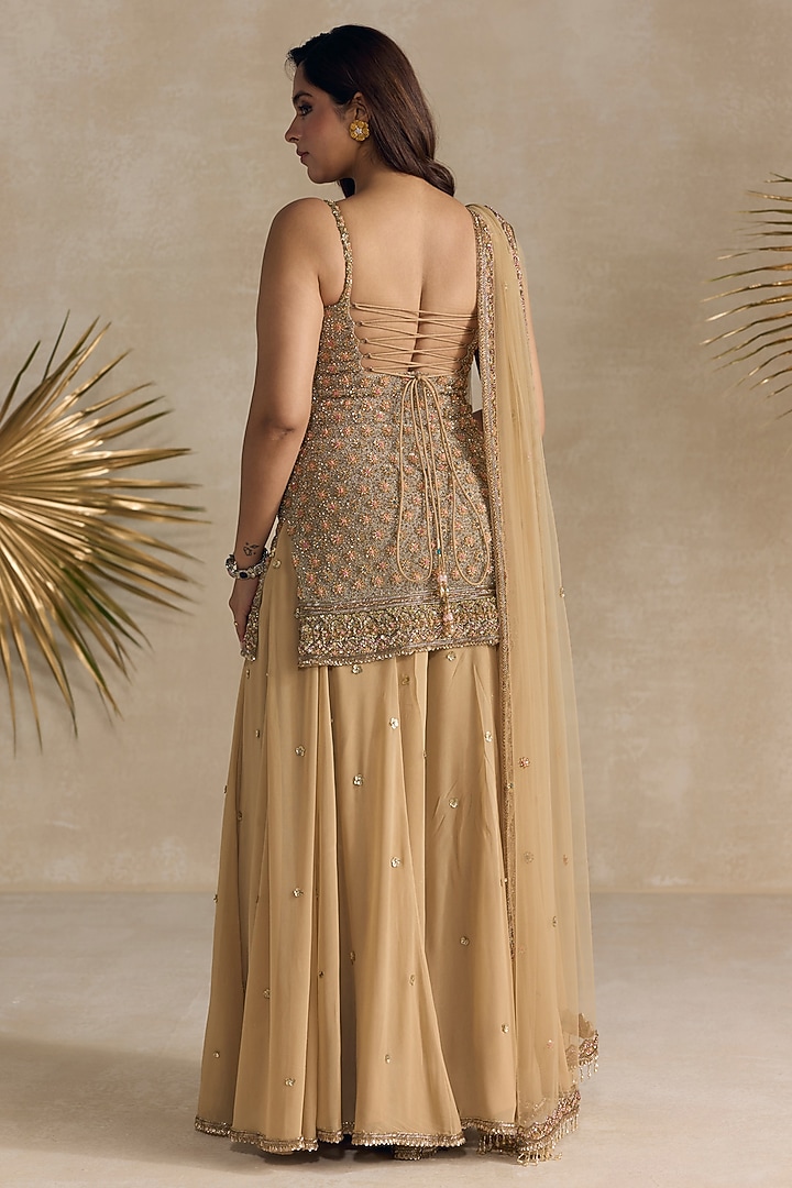 Golden Georgette Crystal Hand Embroidered Bridal Sharara Set by OPUS ATELIER at Pernia's Pop Up Shop